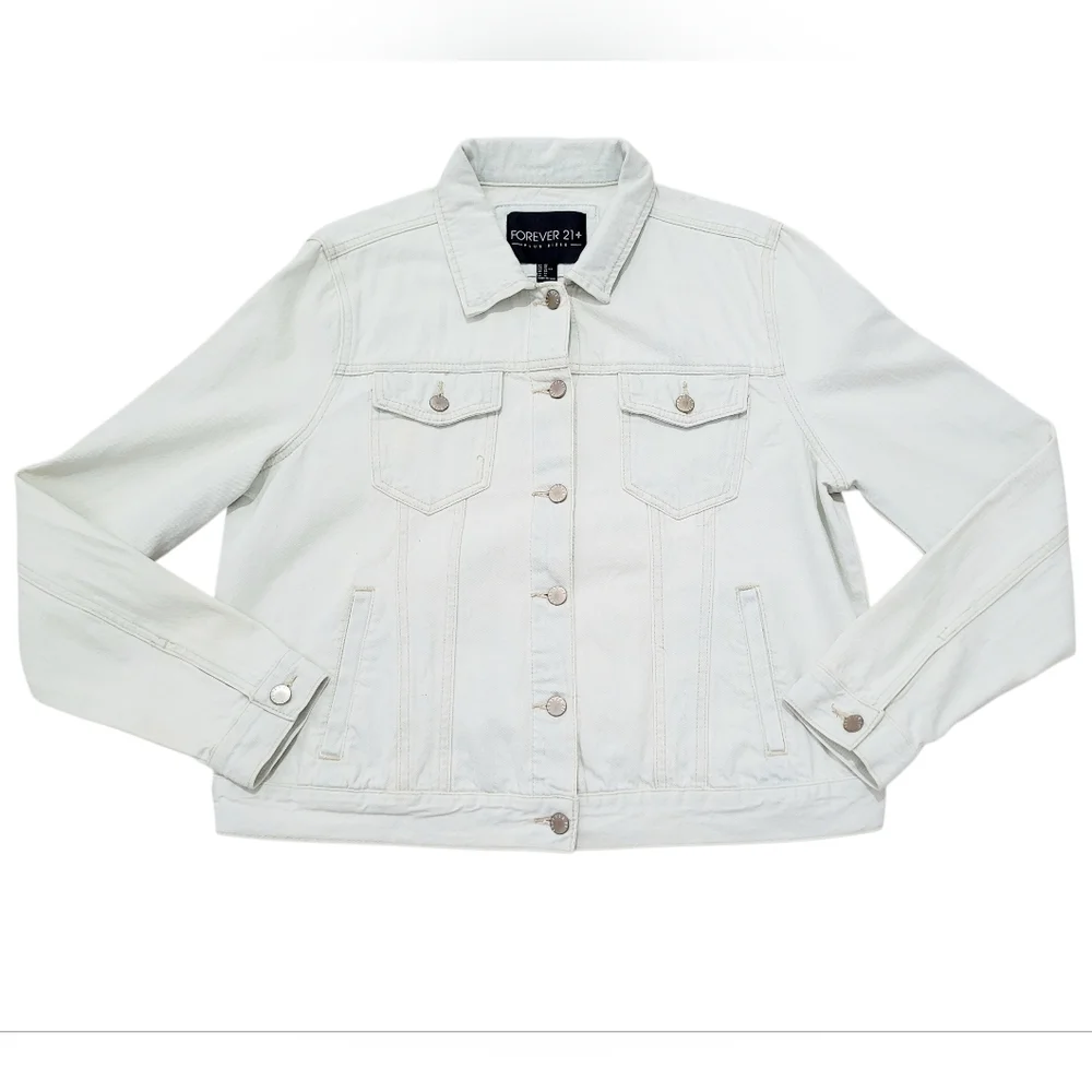 Forever 21+ Acid Wash Denim Jacket Women Plus Size 0X White 100% Cotton Trucker - Picture 2 of 12